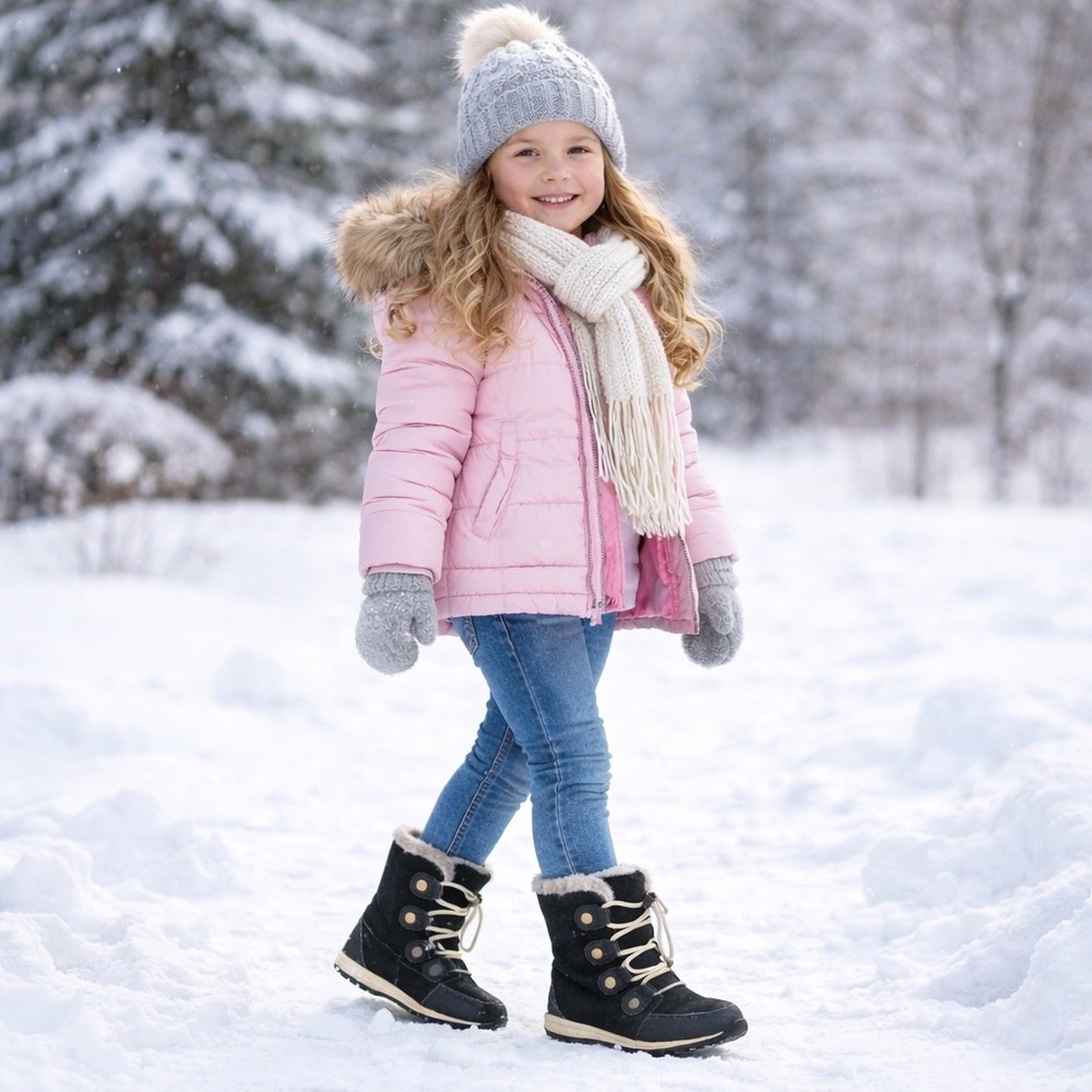 Sorel Whitney Lace Black‎ Suede Snow Boots Girls 3 Waterproof Faux Fur Winter